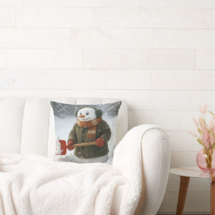 Snowman Shoveling Snow Cushion