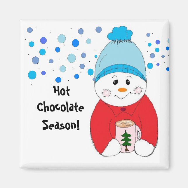 Snowman Sipping Hot Chocolate Magnet (Front)