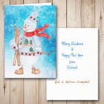 Snowman Skier Christmas Holiday Card<br><div class="desc">The front of this Christmas card has a watercolor image of a cute snowman dressed in a winter sweater, hat, and scarf. He is holding his skis and ski poles, and is placed on a bright blue abstract snow and star background. Inside the card are text fields which you make...</div>