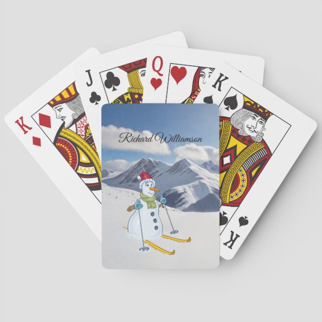 Snowman Skier on snowy mountains Personalise Playing Cards (Back)
