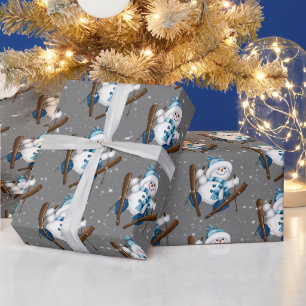 Snowman Skiing In Snowflakes Wrapping Paper