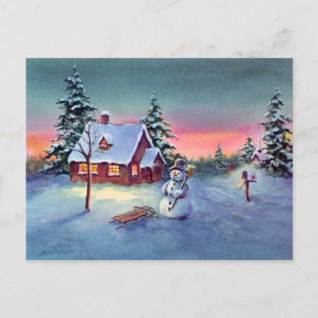SNOWMAN & SLED by SHARON SHARPE Postcard (Front)
