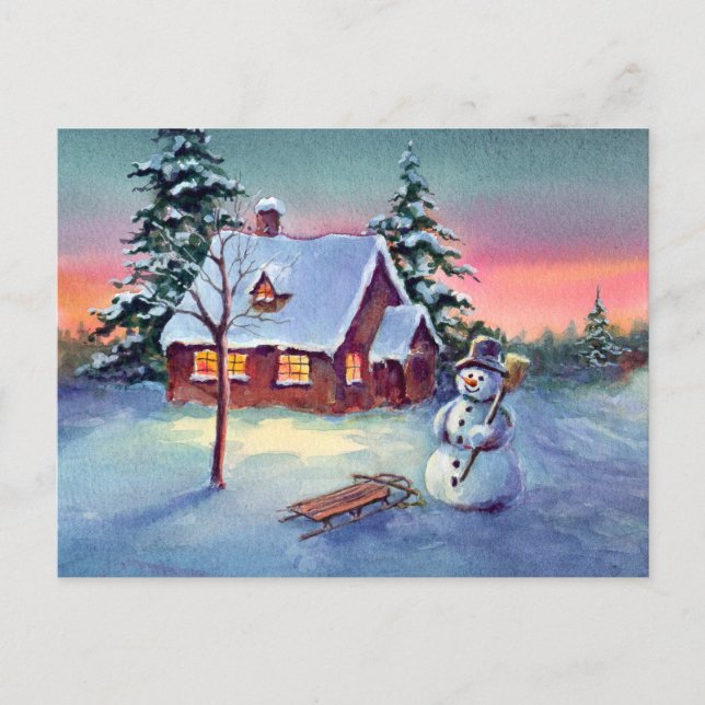 SNOWMAN & SLED by SHARON SHARPE Postcard (Front)