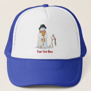snowman smiling in the snow scene christmas trucker hat