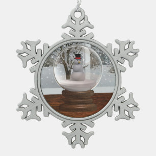 Snowman Snow Globe Snowflake Pewter Christmas Ornament