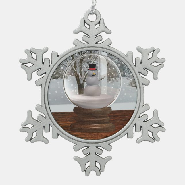 Snowman Snow Globe Snowflake Pewter Christmas Ornament (Front)