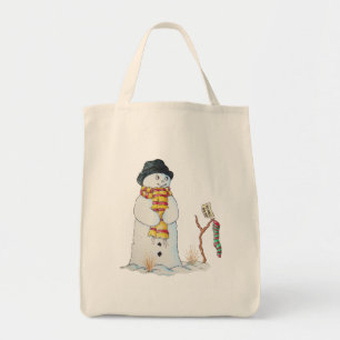 snowman snow scene with stocking for christmas tote bag