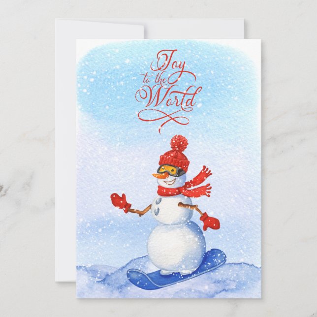 Snowman Snowboarding Watercolor Winter Christmas Holiday Card (Front)