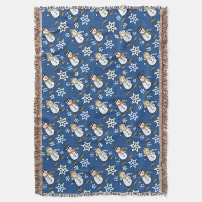 Snowman Snowflake Blue Throw Blanket (Front Vertical)