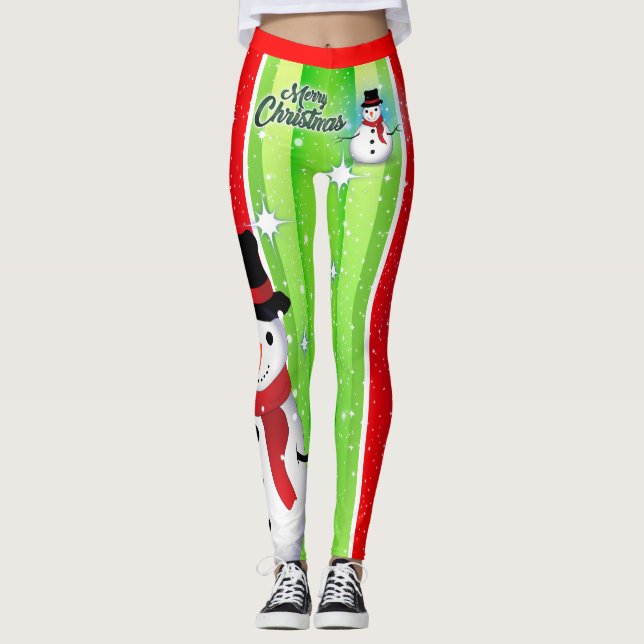 Snowman / Snowflake / Christmas / Green & Red Leggings (Front)