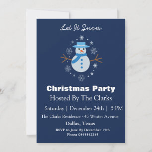 Snowman Snowflake Dark Blue Christmas Party Invitation