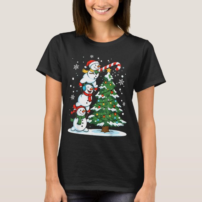 Snowman Snowflake, Merry Christmas Tree, Xmas Holi T-Shirt (Front)