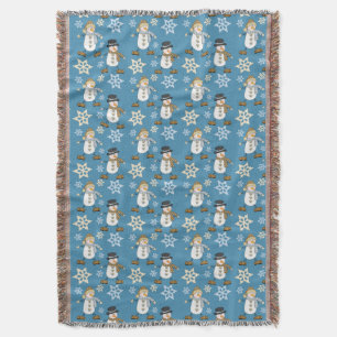 Snowman Snowflake Pattern on Blue Throw Blanket