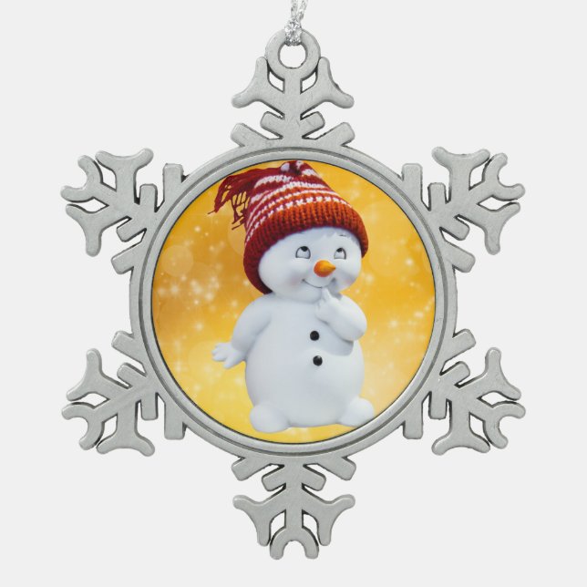 Snowman Snowflake Pewter Christmas Ornament (Front)