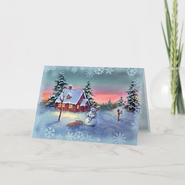 SNOWMAN & SNOWFLAKES by SHARON SHARPE Holiday Card (Front)