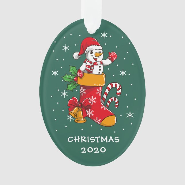 Snowman Snowflakes Christmas 2020 Green Ornament (Front)