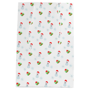 Snowman, snowflakes & gift box pattern on white medium gift bag