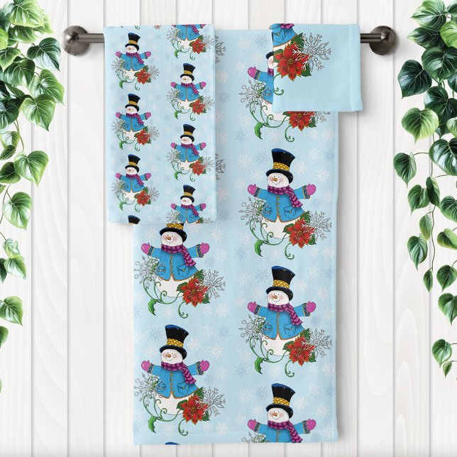 Snowman Snowflakes Poinsettia Bath Towel Set (Creator Uploaded)
