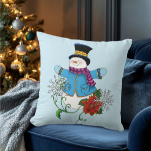 Snowman Snowflakes Poinsettia  Cushion