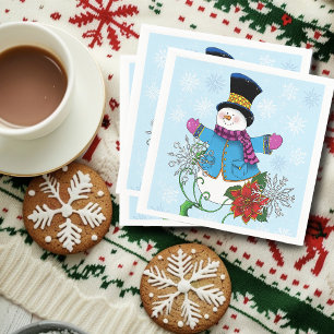 Snowman Snowflakes Poinsettia  Napkin