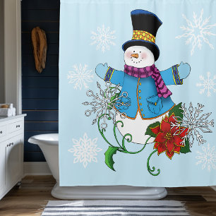 Snowman Snowflakes Poinsettia Shower Curtain