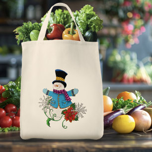 Snowman Snowflakes Poinsettia  Tote Bag