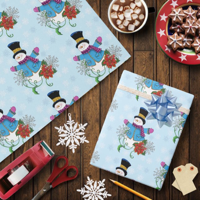 Snowman Snowflakes Poinsettia  Wrapping Paper (Creator Uploaded)