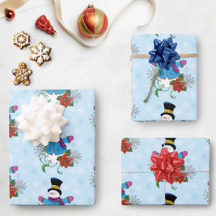 Snowman Snowflakes Pontsettia Wrapping Paper Sheet