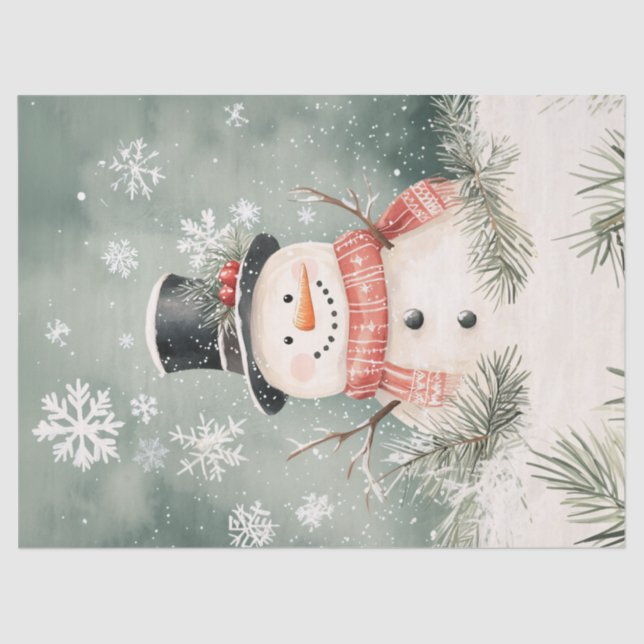 Snowman Snowflakes Spruce Sprigs Decoupage Tissue Paper (Front)