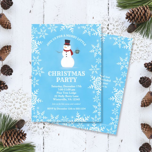 Snowman Snowflakes Watercolor Blue Christmas Party Invitation (Creator Uploaded)