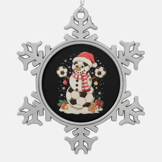 Snowman Soccer Christmas Holiday Winter Xmas Sport Snowflake Pewter Christmas Ornament (Front)