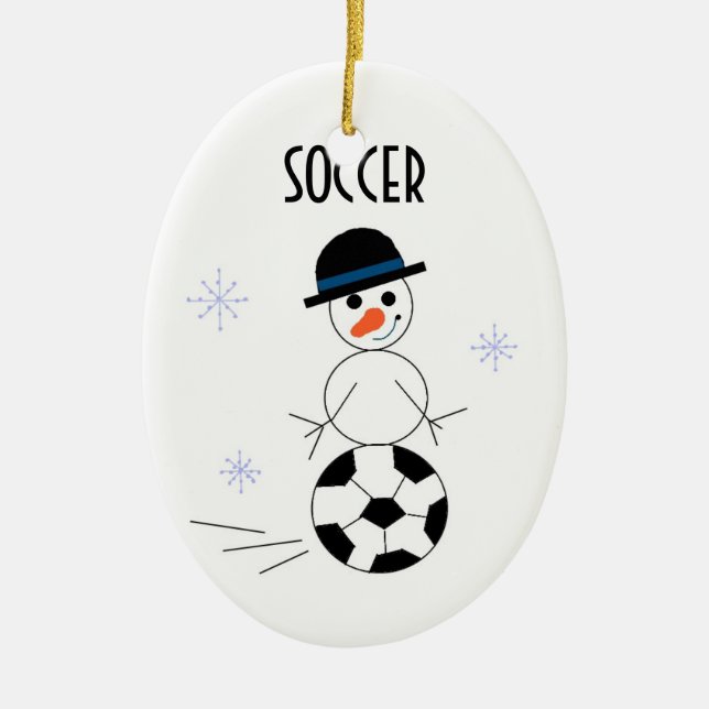 Snowman Soccer Player Ceramic Tree Decoration (Front)