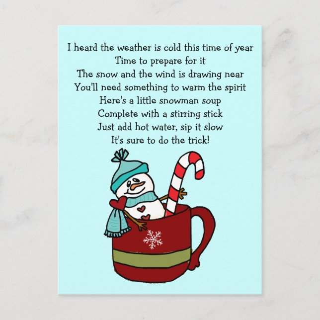Snowman Soup Coffee Cup Mug Candy Cane and Hearts Postcard (Front)