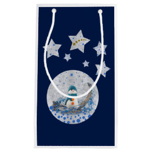 Snowman, sparkly blue stars, gold stars on blue small gift bag