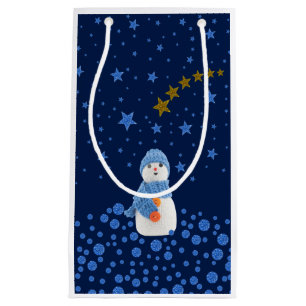 Snowman, sparkly blue stars on blue small gift bag
