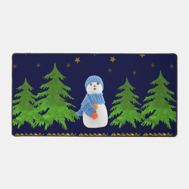 Snowman, Sparkly gold stars, green tree on blue Desk Mat (Front)