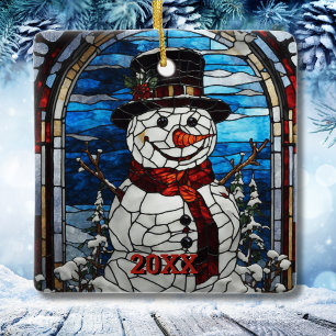 Snowman Stained Glass Style Christmas Ceramic Ornament
