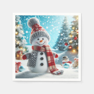 Snowman standing in winter landscape napkin