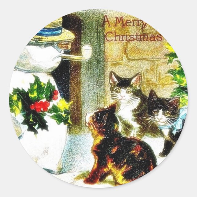 Snowman standing with holy leaves and cats around classic round sticker (Front)