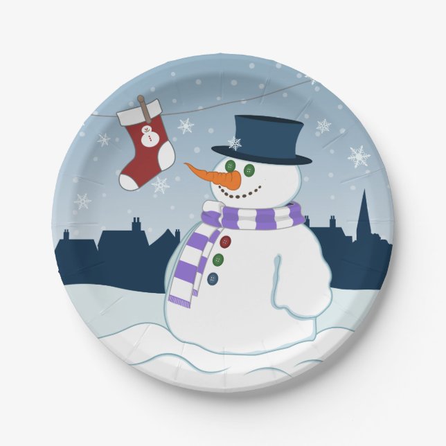 Snowman & Stocking Christmas Paper Plate (Front)