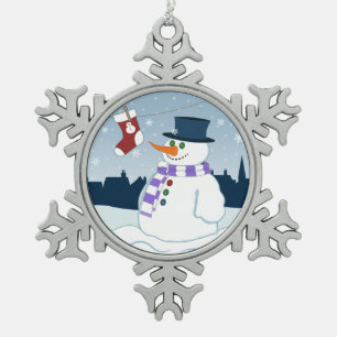 Snowman & Stocking Christmas Snowflake Pewter Christmas Ornament