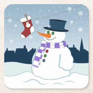 Snowman & Stocking Christmas Square Paper Coaster