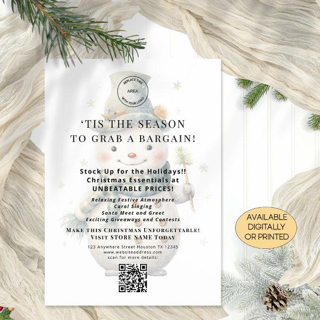 Snowman Store Christmas Offers QR Printable Card (Store promotion evenet card availabl digital or printed)
