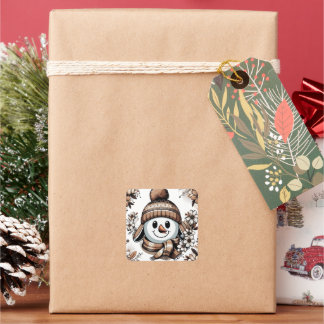  Snowman: Symmetrical Floral Design with Winter  Square Sticker