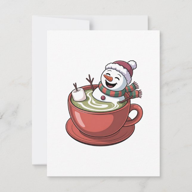 Snowman Taking Bathub on a Matcha Drink Christmas Card (Front)