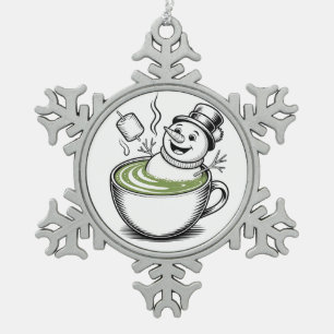 Snowman Taking Bathub On Macha Christmas Snowflake Pewter Christmas Ornament