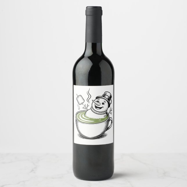 Snowman Taking Bathub On Macha Christmas  Wine Label (Front)