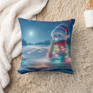 Snowman Tangled In Glowing Christmas Lights Cushion