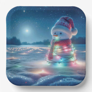 Snowman Tangled In Glowing Christmas Lights Paper Plate