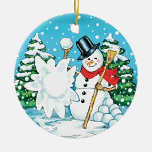 Snowman Throwing a Snowball Winter Fun Splat! Ceramic Tree Decoration